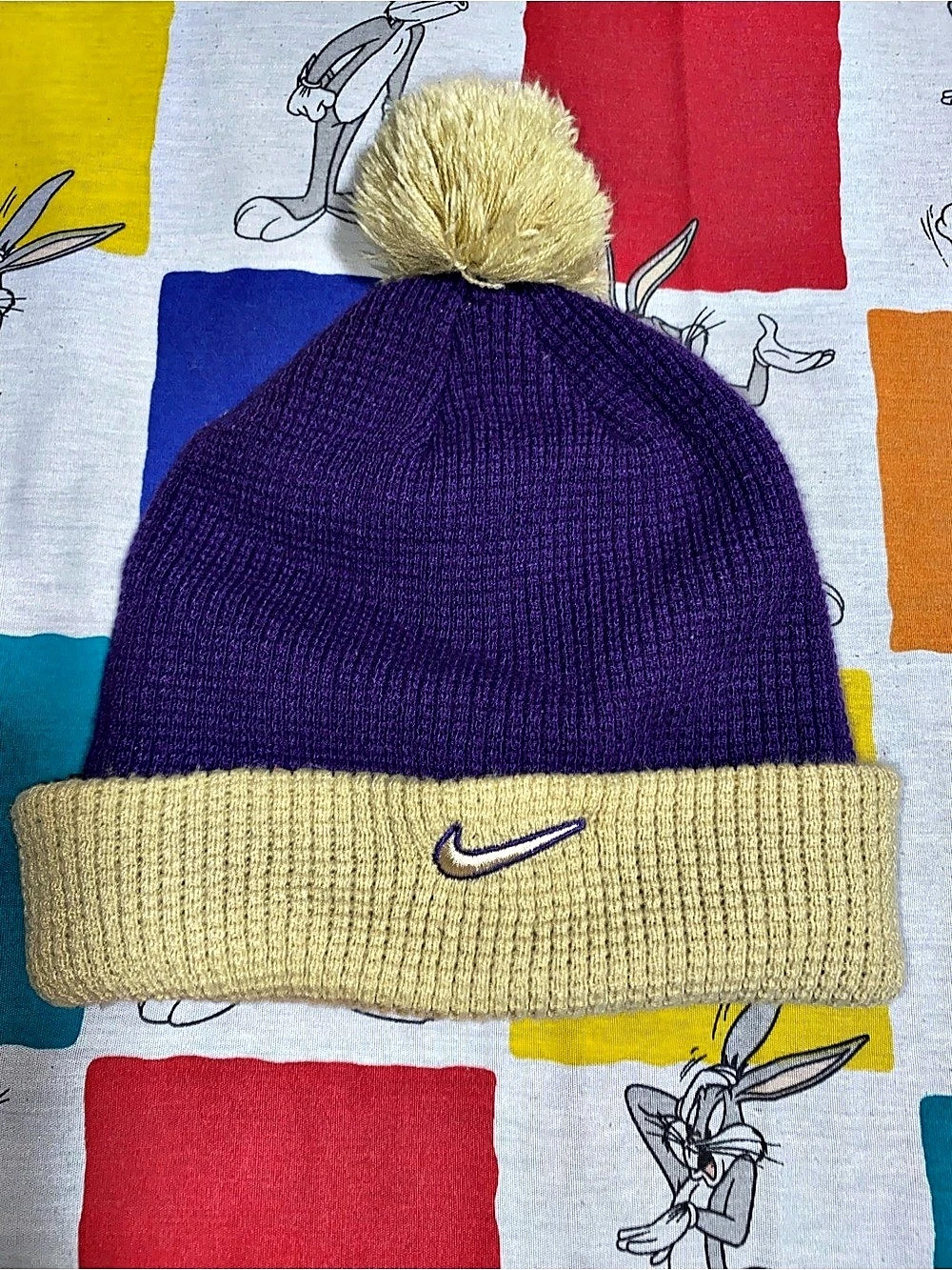 Nike Two-Tone Pom Beanie in Purple & Yellow Like New